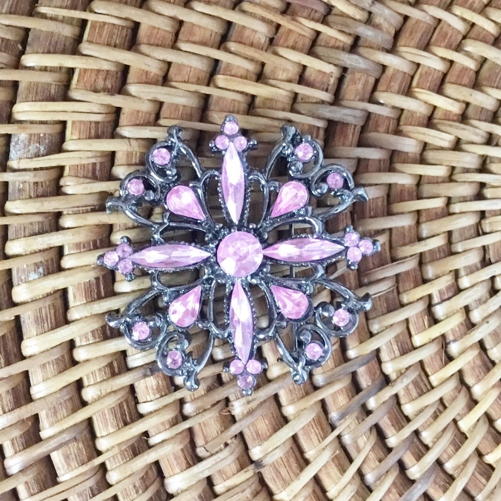 Vintage Pink and Dark Silver Pin Brooch Flower